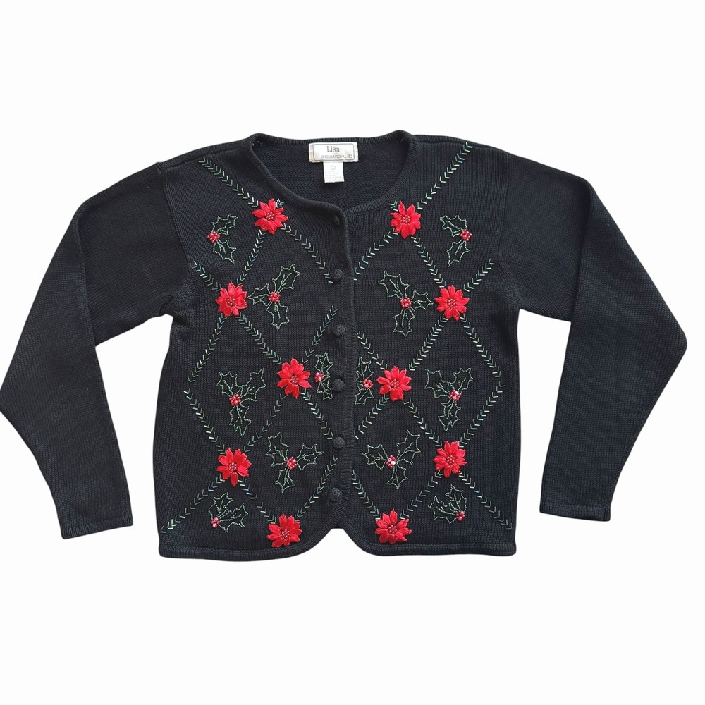 Lisa International Black Beaded Poinsettia Christmas Cardigan Sweater Small
